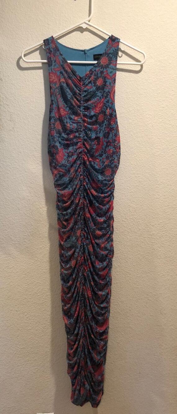 House of Harlow 1960 Blue Pink Floral Ruched Draped Bodycon Midi Dress Size M